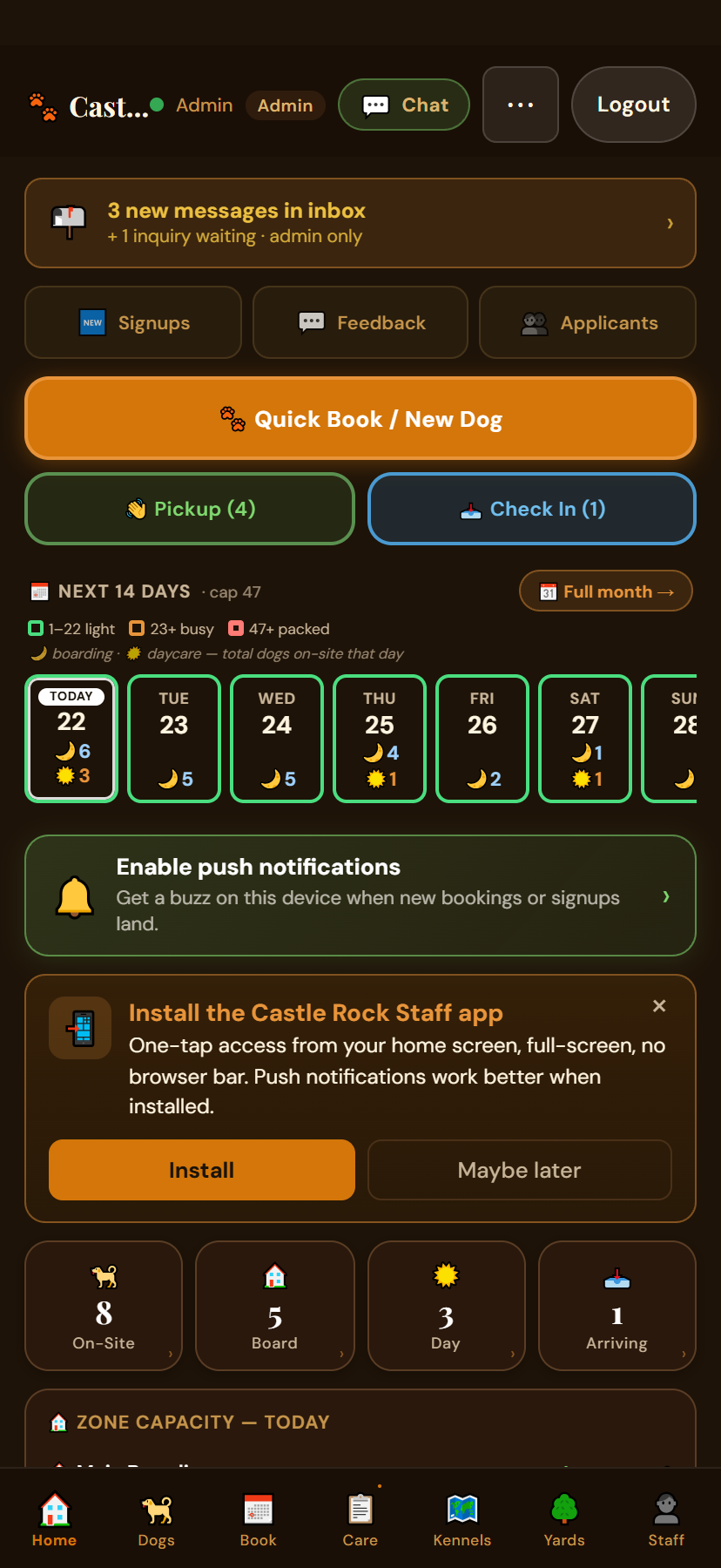 The staff app home screen — today's check-ins, pickups and inbox